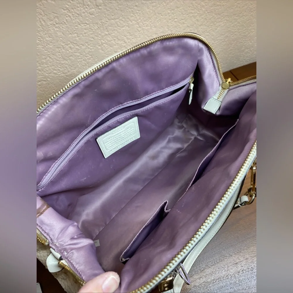 Coach Madison Textured Embossed Python Satchel Bag Ivory Purple Large Charms‎
